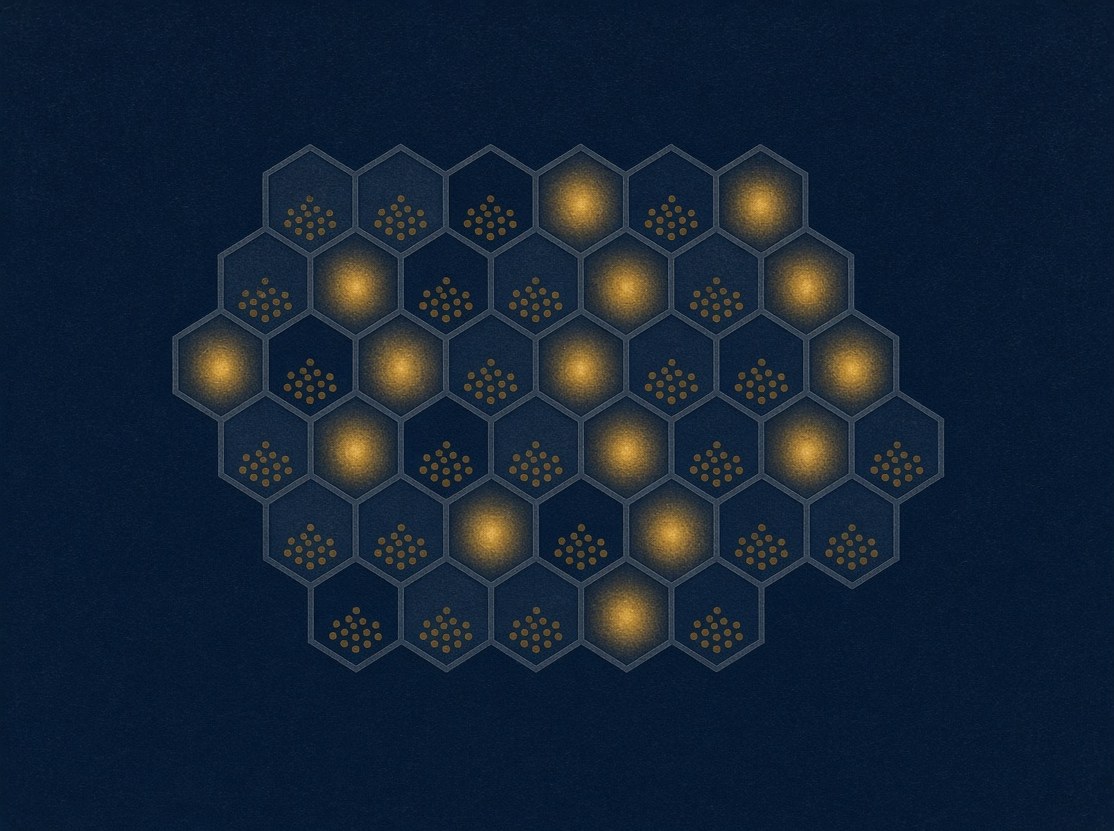 A honeycomb of cells, some lit gold, spreading outward from the centre