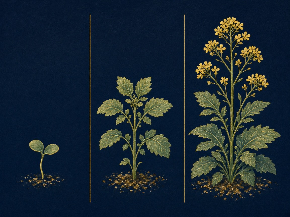 Three stages of a mustard plant: seedling, leafing plant, and flowering plant