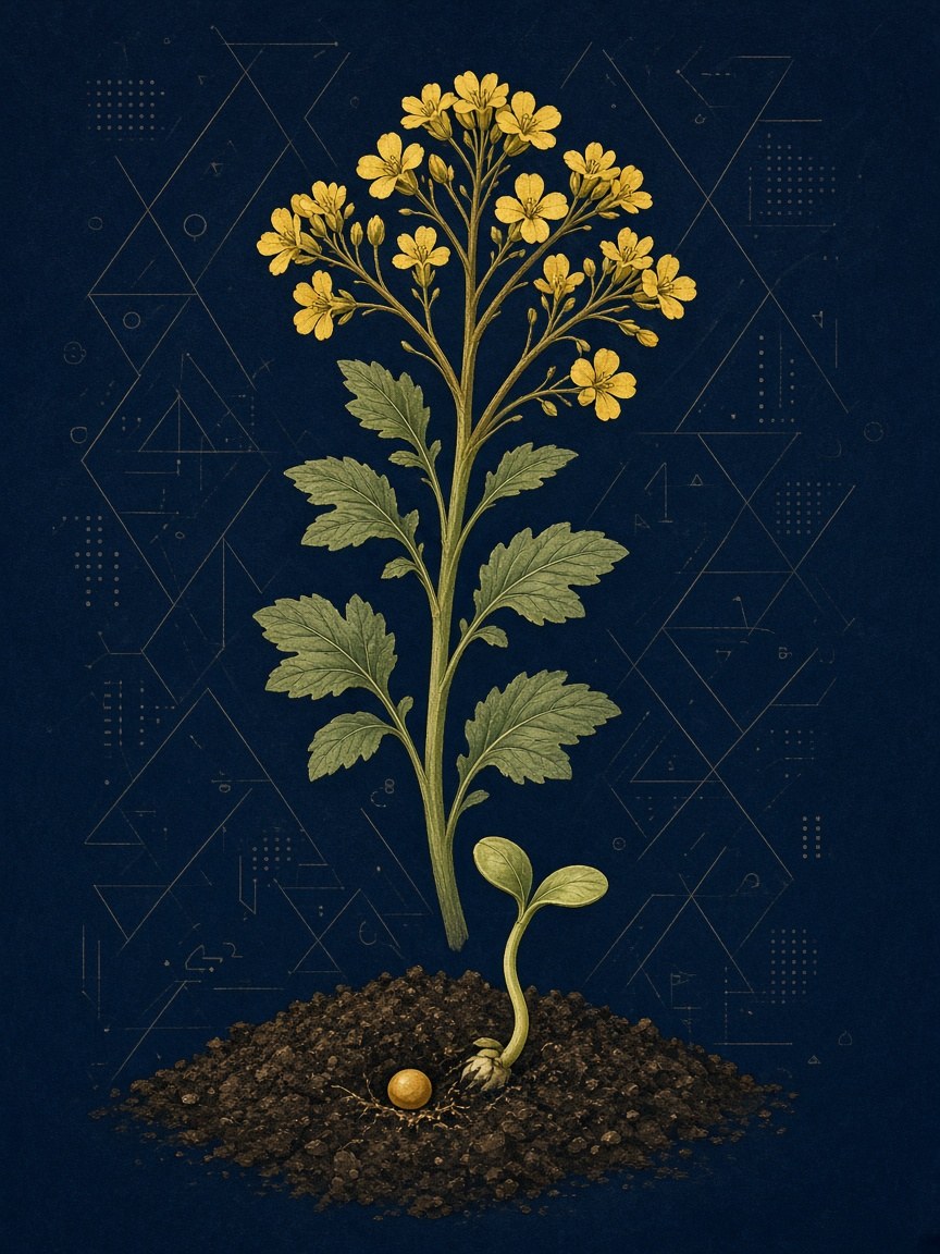 A single mustard seed sprouting beside a full flowering mustard plant