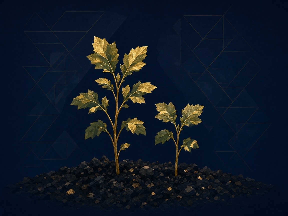 A tall mustard plant growing beside a smaller one in the same soil